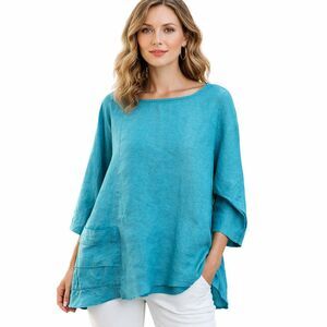 CTC Linens Tunic Blouse Womens Small Blue Linen Boat Neck 3/4 Sleeve Pocket Top